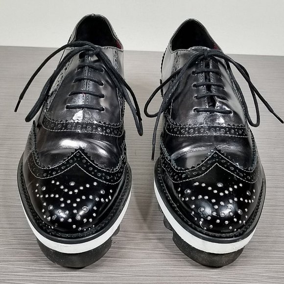 Baciami 9630 Platform Wingtip Oxford Black & Silver Leather Womens Size 8 - Picture 3 of 10